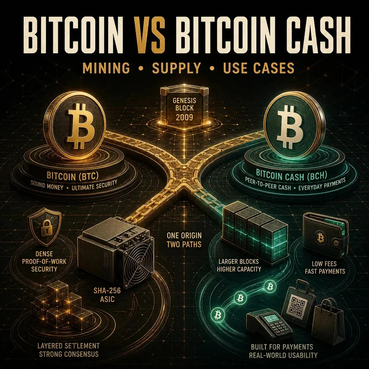Bitcoin vs Bitcoin Cash in 2026: Mining, Supply, and Use Cases ZhenChainMicro