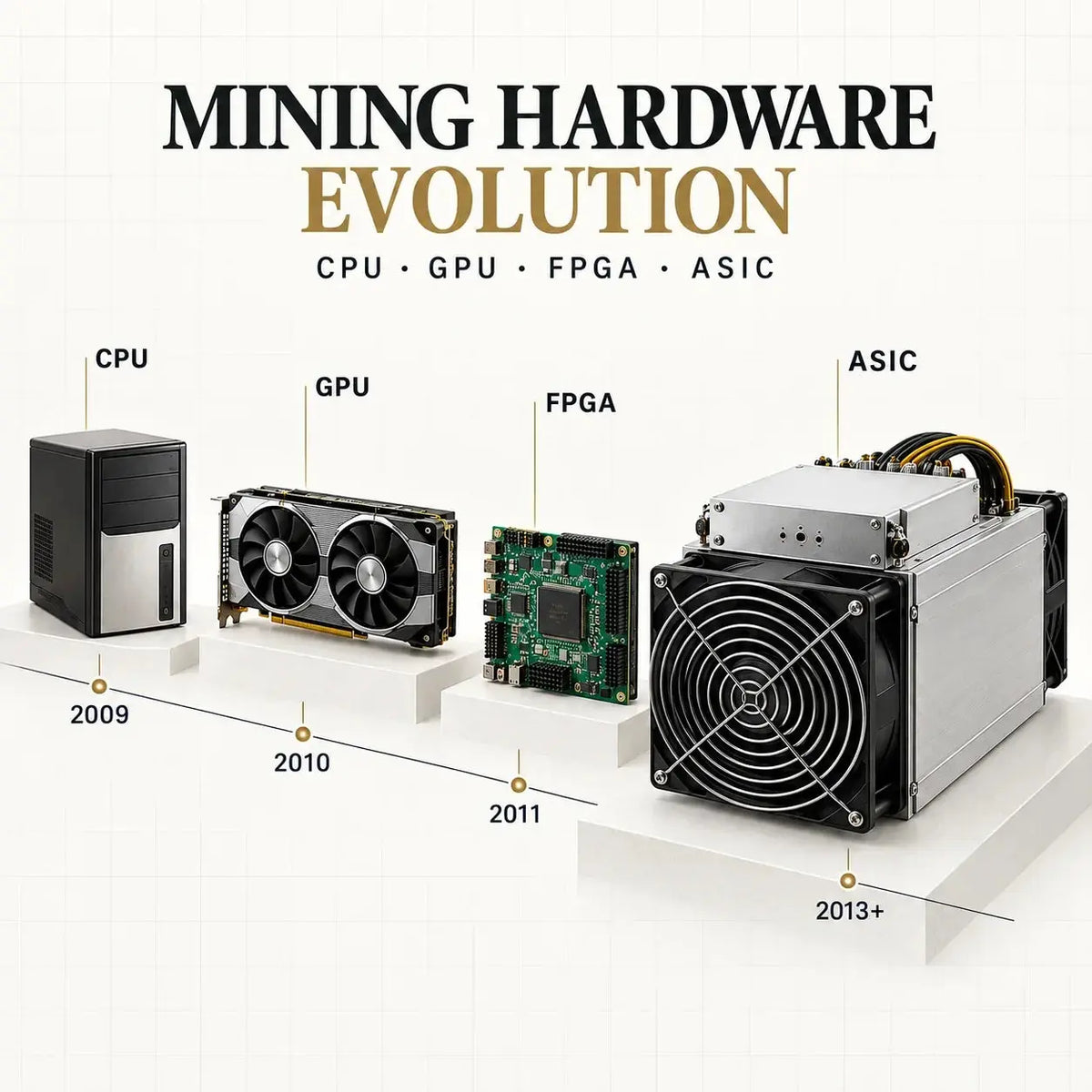 Crypto mining hardware evolution from a CPU and GPU through an FPGA board to a modern ASIC miner on a 2009-to-2013 timeline