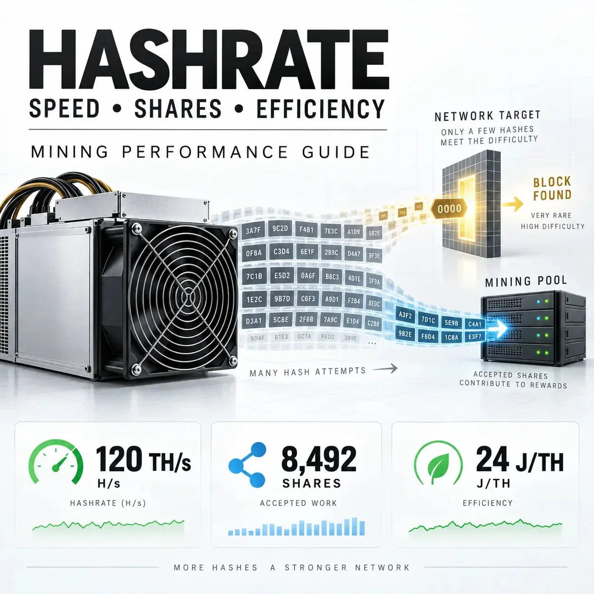 Hashrate guide showing an ASIC miner, hash attempts, mining pool shares, network difficulty target, and J/TH efficiency