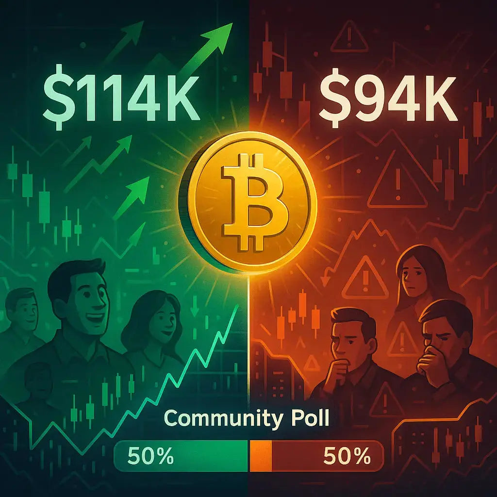 Bitcoin à 114 000 $ ou crash à 94 000 $ ? Un sondage communautaire révèle une répartition parfaite