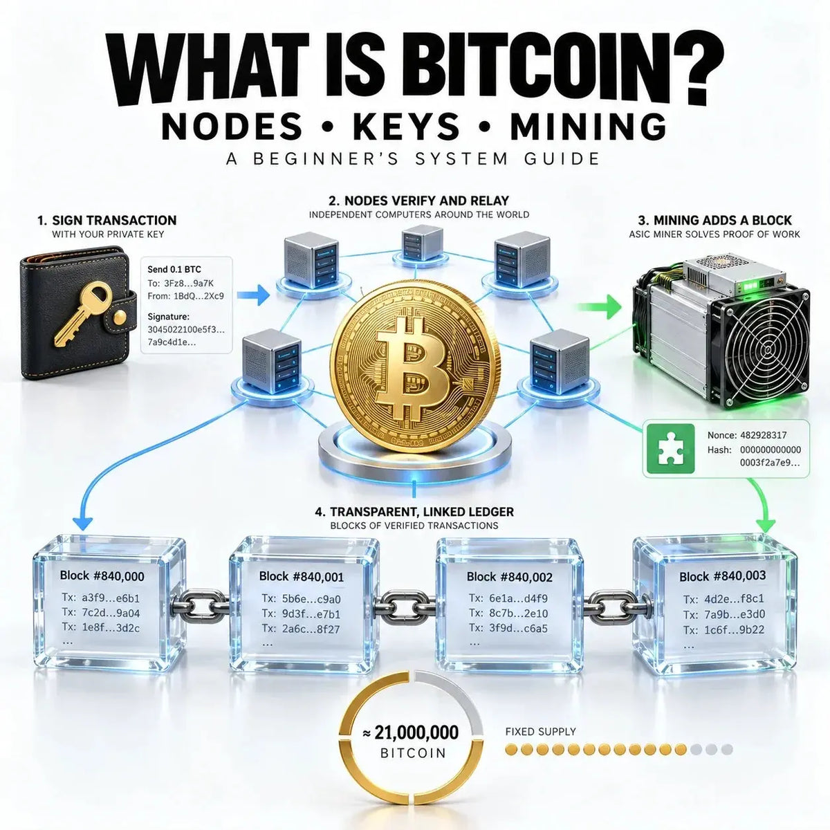 Bitcoin system guide showing transactions, private keys, full nodes, linked blocks, and Proof-of-Work mining